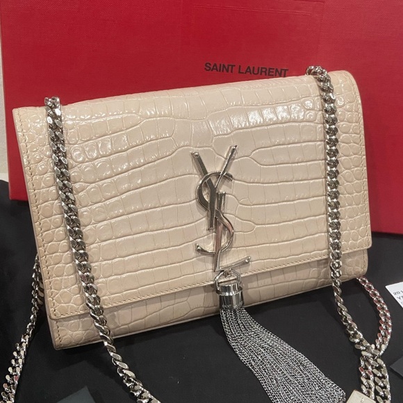 Saint Laurent Handbags - Saint Laurent Cream Croc-Embossed Chain Bag